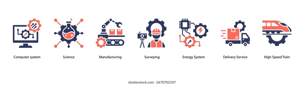 Ilustración vectorial de iconos de Anuncio de Web de sistemas de Tecnología avanzados con sistema informático, Ciencia, fabricación, topografía, sistema energético, servicio de entrega y tren de alta velocidad.