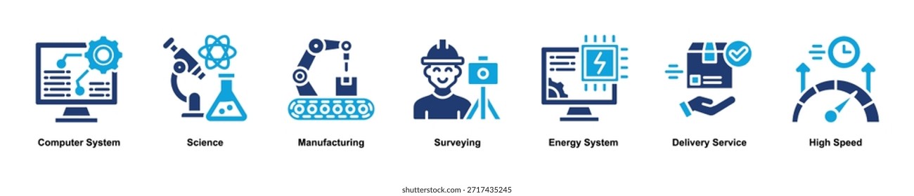 Concepto de ilustración de ícono de Anuncio de Web de sistemas de Tecnología avanzados con un ícono de sistema informático, Ciencia, fabricación, topografía, sistema energético, servicio de entrega y alta velocidad. Estilo de color de glifo