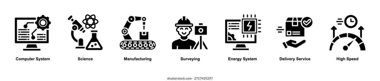 Ilustração do ícone do banner da Web da Advanced Technology Systems com um ícone de sistema de computador, ciência, fabricação, levantamento de energia, sistema de entrega e alta velocidade. Estilo de glifo