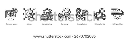 Advanced Technology Systems web banner icon vector illustration featuring Computer System, Science, Manufacturing, Surveying, Energy System, Delivery Service, and High Speed Train.