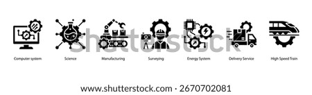 Advanced Technology Systems web banner icon vector illustration featuring Computer System, Science, Manufacturing, Surveying, Energy System, Delivery Service, and High Speed Train.