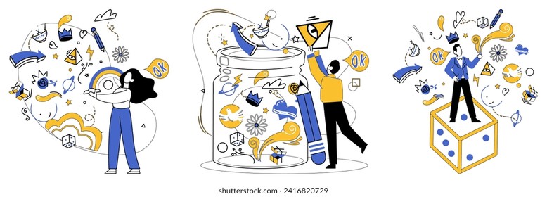 Advanced technology vector illustration. Research is treasure map leading to chest advanced technological advancements Creative projects are constellations lighting up sky advanced technology