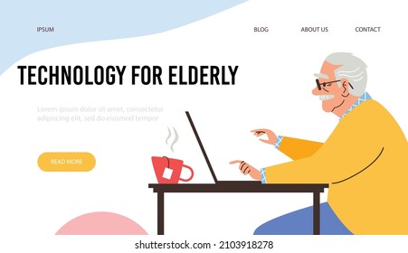 Advanced temporary technology for elderly website page, flat cartoon vector illustration. Computer and digital technologies for seniors webpage template.