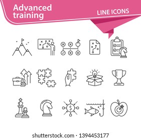 Advanced training icon set. Line icons collection on white background. Puzzle, coaching, skill. Experience concept. Can be used for topics like career, motivation, strategy