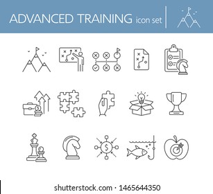 Advanced training icon set. Line icons collection on white background. Puzzle, coaching, skill. Experience concept. Can be used for topics like career, motivation, strategy