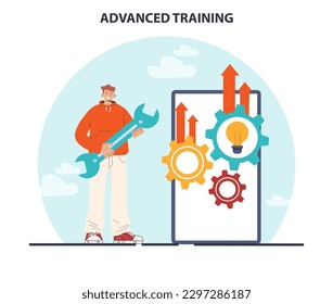 Advanced training. Increasing of business or professional competences and skills. Digital training or e-learning for career qualification development. Flat vector illustration