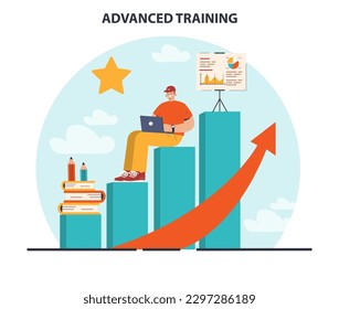 Advanced training. Increasing of business or professional competences and skills. Digital training or e-learning for career qualification development. Flat vector illustration