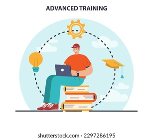 Advanced training. Increasing of business or professional competences and skills. Digital training or e-learning for career qualification development. Flat vector illustration