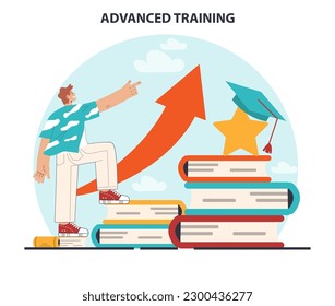 Advanced training. Increasing of business or professional competences and skills. Digital training or e-learning for career qualification development. Flat vector illustration