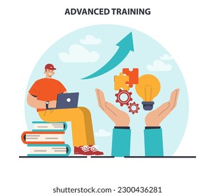 Advanced training. Increasing of business or professional competences and skills. Digital training or e-learning for career qualification development. Flat vector illustration