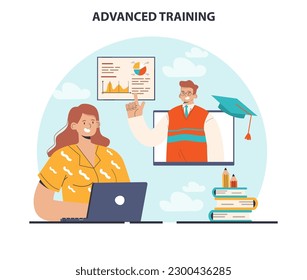 Advanced training. Increasing of business or professional competences and skills. Digital training or e-learning for career qualification development. Flat vector illustration