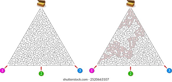 Advanced triangular labyrinth with three entrances and only one way to finish. Find the right way and reach the exit of the maze. Mental educational game template with clue. Vector illustration.