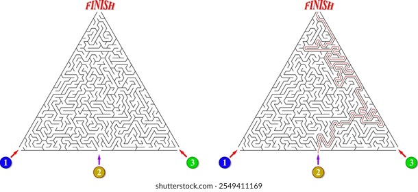 Advanced triangular labyrinth with three entrances and only one way to finish. Find the right way and reach the exit of the maze. Mental educational game template with clue. Vector illustration.