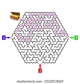 Advanced vector hexagonal labyrinth with three entrances and only one way to finish. Find the right way and reach the exit of the maze. Mental educational game with clue. 