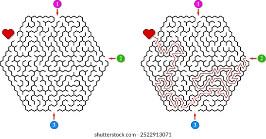 Advanced vector hexagonal labyrinth with three entrances and only one way to finish. Find the right way and reach the exit of the maze. Mental educational game with clue. 