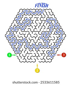 Advanced vector hexagonal labyrinth with three entrances and only one way to finish. Find the right way and reach the exit of the maze. Mental educational game with clue. 