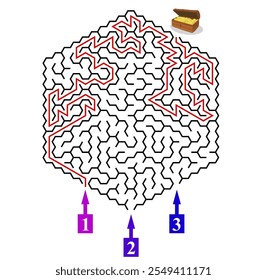 Advanced vector hexagonal labyrinth with three entrances and only one way to finish. Find the right way and reach the exit of the maze. Mental educational game with clue. 