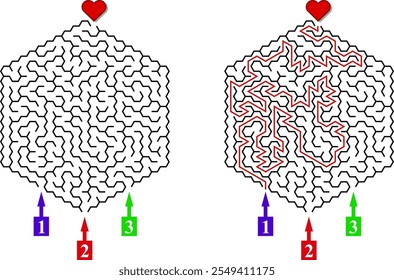 Fortgeschrittenes hexagonales Vektorlabyrinth mit drei Eingängen und nur einem Weg zum Ziel. Finden Sie den richtigen Weg und erreichen Sie den Ausgang des Labyrinths. Psychisch erzieherisches Spiel mit Hinweis. 