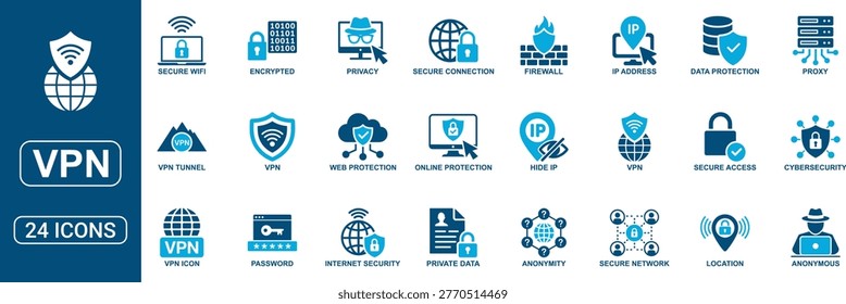 Advanced VPN and cybersecurity solid icon set designed for online privacy and secure network concepts. Includes icons for secure connection, encryption, firewall, proxy, data protection, anonymity, VPN tunnel, IP address protection, and secure access. Clean and scalable vector icons ideal for apps, websites, dashboards, and digital security solutions.