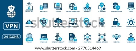 Advanced VPN and cybersecurity solid icon set designed for online privacy and secure network concepts. Includes icons for secure connection, encryption, firewall, proxy, data protection, anonymity, VPN tunnel, IP address protection, and secure access. Clean and scalable vector icons ideal for apps, websites, dashboards, and digital security solutions.