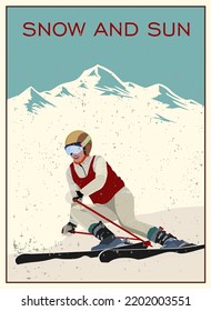 Advanced woman skiers slides near the mountain downhill. Cross-country skiers. Sports descent on skis from the mountain. Vector illustration.