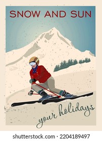 Advanced woman skiers slides near the mountain downhill. Cross-country skiers. Sports descent on skis from the mountain. Vector illustration.