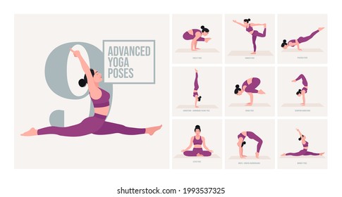 Advanced Yoga poses. Young woman practicing Yoga pose. Woman workout fitness, aerobic and exercises. Vector Illustration.