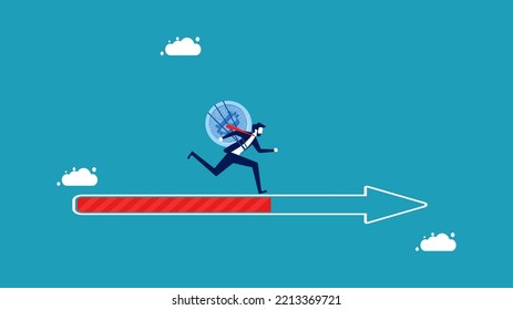 Advancement of digital coins. businessman with Digital coins run on arrow progress bar