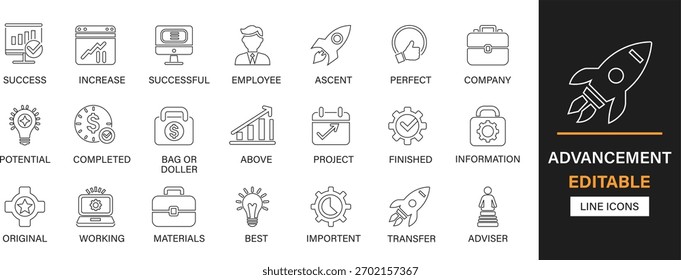 Advancement editable line icons pack. Growth, progress, success, achievement, innovation, upgrade, improvement, strategy, focus, target, leadership and more icons.