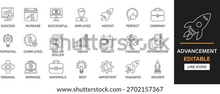 Advancement editable line icons pack. Growth, progress, success, achievement, innovation, upgrade, improvement, strategy, focus, target, leadership and more icons.
