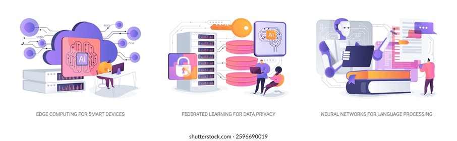 Advancements in Decentralized and AI Technologies abstract concept vector illustration set. Real-time decentralized processing, local data privacy, deep learning for human-like text abstract metaphor.