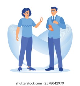 Advances in communications technology. Two young men stood outside the room and exchanged information. Concept of Young People Using Smartphones. Flat vector illustration.