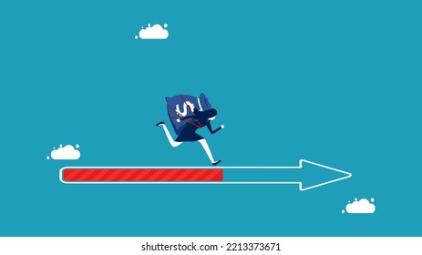 Advances in financial investment. businesswoman with money bags running on arrow pointing forward