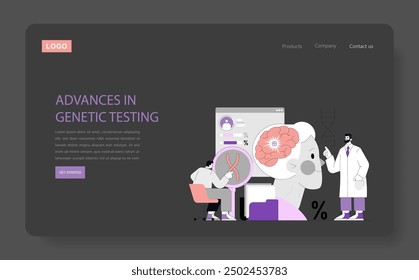Advances in Genetic Testing concept. Scientists conduct research in a lab setting, analyzing DNA and brain structures. Medical innovation and diagnostics. Vector illustration.