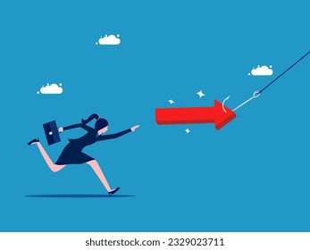 Advances and scams. Businesswoman runs and grabs the lead arrow as bait