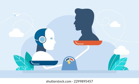 The advantage of artificial intelligence over the human mind. Robot and human on scales. Artificial and natural intellects are on scientific scale balancing. Automation AI concept. Vector illustration