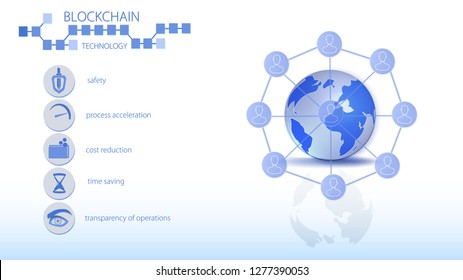 Advantage of blockchain technologies. Global futuristic technology. 3d planet. Internet banner.  Modern infographic. Blue color. Hourglass, speedometer, shield, wallet, eye icons. Signs.