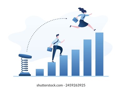 Advantage, business concept. Woman manager who overcomes businessman by taking advantage. Male employee at step of career ladder. Business competition. Equality, human rights. Flat vector illustration