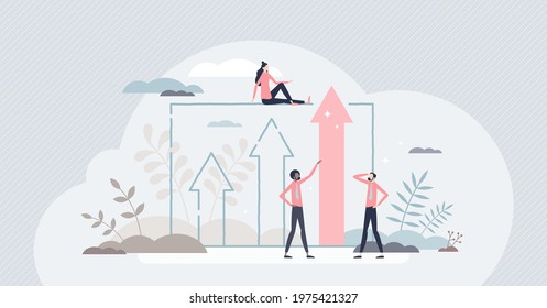 Advantage for business growth and career development tiny person concept. Work performance achievement and level up with competitors with potential realization and ambition power vector illustration.