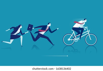 Advantage. Businessman riding the bicycle wins using mechanical advantage
