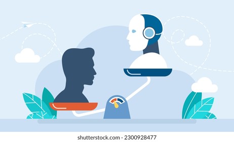 The advantage of the human mind over artificial intelligence. Robot and human on scales. Artificial and natural intellects are on scientific scale balancing. Automation AI concept. Vector illustration