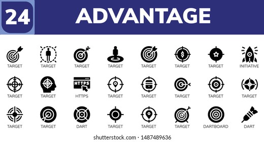 advantage icon set. 24 filled advantage icons.  Simple modern icons about  - Target, Initiative, Https, Dart, Dartboard