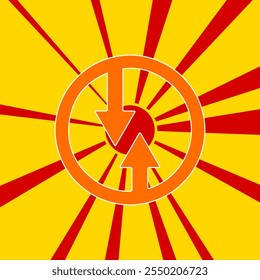 Advantage of oncoming traffic sign on a background of red flash explosion radial lines. A large orange symbol is located in the center of the sunrise. Vector illustration on yellow background
