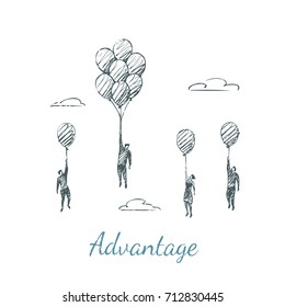 Advantage. People fly up on balloons. Vector business concept hand drawn sketch.