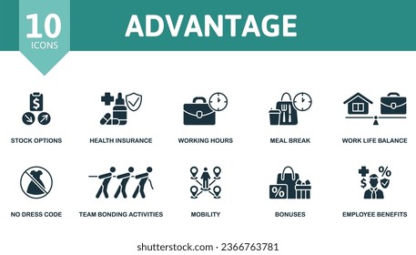 Ventaja. Iconos creativos: opciones de acciones, seguro de salud, horas de trabajo, descanso para comer, equilibrio de vida laboral, sin código de vestimenta, actividades de unión en equipo, movilidad, bonificaciones, beneficios para los empleados.