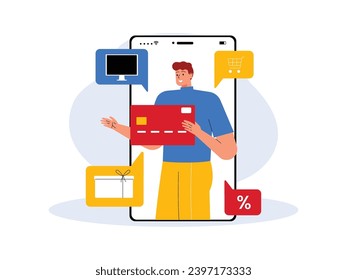 The advantage of using a credit card for shopping on e-commerce is getting discounts on all products, cyber Monday vector illustration.