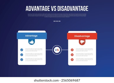 advantage vs disadvantage infographic for comparison data with price table box with outline circle on center with modern dark gradient style background with 2 point information vector