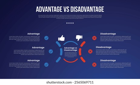 advantage vs disadvantage infographic for comparison data with half circle dotted line with modern dark gradient style background with 2 point information vector