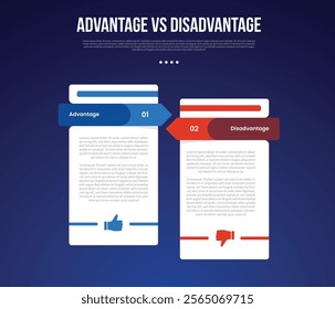 advantage vs disadvantage infographic for comparison data with table box container with arrow opposite direction with modern dark gradient style background with 2 point information vector