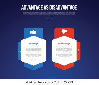 advantage vs disadvantage infographic for comparison data with big hexagon container with round badge with modern dark gradient style background with 2 point information vector